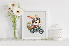 Easter Bunny Driving a Retro Motorcycle Egg Flower, Clipart Product Image 2