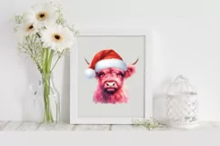 Pink Highland Cow with Santa Hat, PNG Product Image 2