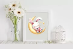 Cute Bunny Easter Bunny Sleeping on Moon Flower, Clipart Product Image 2