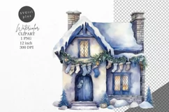 Christmas clipart, House clipart, Blue Christmas Product Image 1