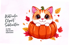Cute cat inside pumpkin fall watercolor clipart Product Image 1