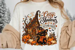 Witchy Black Cat PNG, Cozy Autumn Cottage Sublimation Design Product Image 1