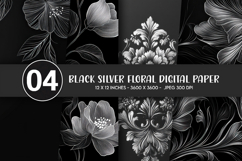 Black Silver Floral Digital Paper Product Image 1