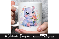 Cute Baby Hippo Holding Flower Watercolor Animal Sublimation Product Image 1