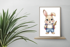 Cute Rabbit with Backpack Holding a Crayon Watercolor PNG Product Image 2