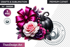 Floral Pink Coquette Pumpkin with bow PNG, Autumn Girly bow Product Image 1