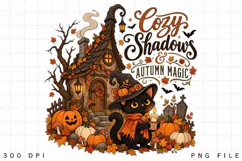 Witchy Black Cat PNG, Cozy Autumn Cottage Sublimation Design Product Image 2