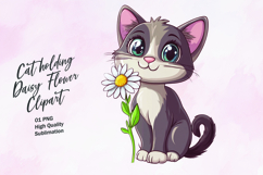 Cat holding daisy flower watercolor clipart Product Image 1