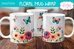 Spring floral mug wrap sublimation PNG, Butterflies mug png Product Image 1