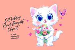 Cat holding floral bouquet watercolor clipart Product Image 1