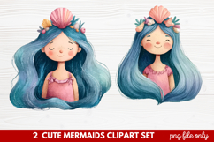 2 Cute Mermaids Clipart Set | Whimsical Mermaid Illustration Product Image 1