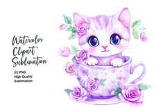 Cute cat with floral tea cup watercolor clipart png Product Image 1