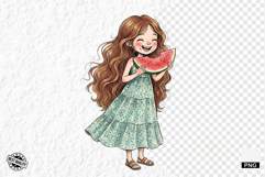 Whimsical Summer Girl &amp; Watermelon Clipart Product Image 1