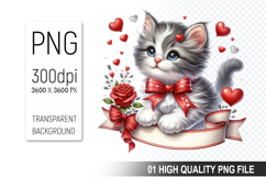 Cute Cat Clipart PNG, Valentine&#039;s Day Animal PNG File Product Image 1