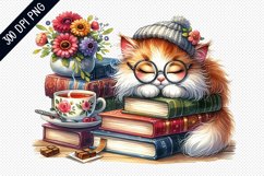 Books And Sleeping Cat Sublimation - Clipart PNG Design Product Image 1