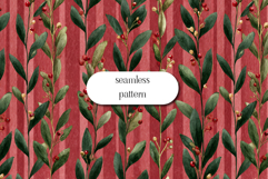 Watercolor Green Leaves and Red Berries on Burgundy Stripes Product Image 1