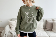 Gildan 18000 Military Green Crewneck Sweatshirt Mockups,G180 Product Image 1