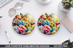 Flower Car Coaster Sublimation| Summer Flowers Coaster PNG Product Image 1
