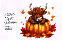 Cute highland cow inside pumpkin fall watercolor clipart Product Image 1