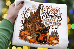 Witchy Black Cat PNG, Cozy Autumn Cottage Sublimation Design Product Image 3