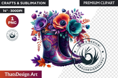 Autumn Floral Rain Boots PNG, Fall Flower in Wellies Clipart Product Image 1