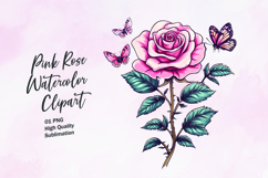 Pink rose with butterfly watercolor clipart sublimation Product Image 1