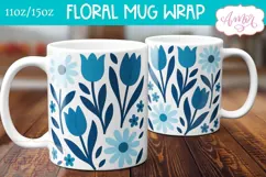 Blue floral mug wraps sublimation PNG, whimsical mug png Product Image 2