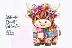 Watercolor kawaii highland cow patchwork patterned clipart Product Image 1