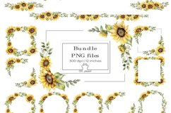 15 PNG Watercolor Sunflowers Frames Wreath Border Clipart  Wedding Printable Autumn Garden Clipart Mother&#039;s Day Sunflower Stickers Floral Bouquets