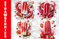 Strawberry Popsicle Clipart, Summer Ice-Cream Print Product Image 1