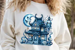 Cute blue Halloween haunted house clipart t shirt design png Product Image 3