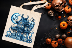 Cute blue Halloween haunted house clipart t shirt design png Product Image 5