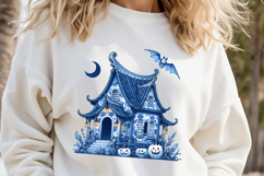 Cute blue Halloween haunted house clipart t shirt design png Product Image 1