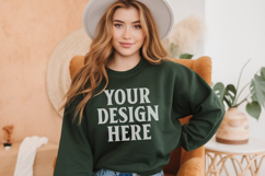 Gildan 18000 Forest Green Mockup , Crewneck Sweatshirt Boho Product Image 1