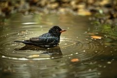 Blackbird taking a relaxing bath in a forest pond Product Image 1