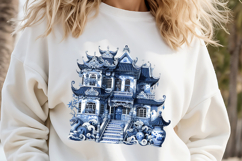 Cute blue Halloween haunted house clipart t shirt design png Product Image 3