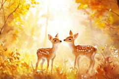 Cute Deers in the Forest Painting Background Wallpaper Product Image 1