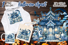 Cute blue Halloween haunted house clipart t shirt design png Product Image 2
