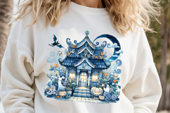 Cute blue Halloween haunted house clipart t shirt design png Product Image 1