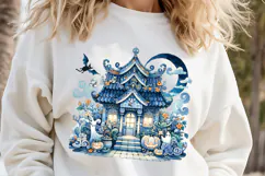 Cute blue Halloween haunted house clipart t shirt design png Product Image 1