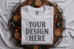 Gildan 5000 white Folded Christmas Mockup, G5000 mockup Product Image 1