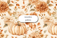 Watercolor Fall Pumpkins &amp; Flowers Seamless Pattern Product Image 1