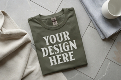 Military Green Gildan 5000 Flat Lay Tshirt Mockup, G5000 moc Product Image 1