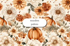 Watercolor Fall Pumpkins &amp; Flowers Seamless Pattern Product Image 1