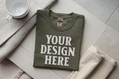 Military Green Gildan 5000 Flat Lay Tshirt Mockup, G5000 moc Product Image 1