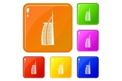 Hotel Burj Al Arab in United Arab Emirates icons set vector Product Image 1