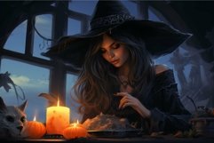 Enchanting witch reading spell by candlelight Product Image 1