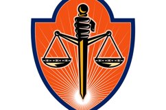 Hand holding sword scales of justice Product Image 1