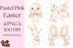 Pastel Pink Easter Bunny Egg and Flowers Clipart PNG Product Image 1