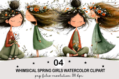 Whimsical Spring Girls Clipart Watercolor png Product Image 1